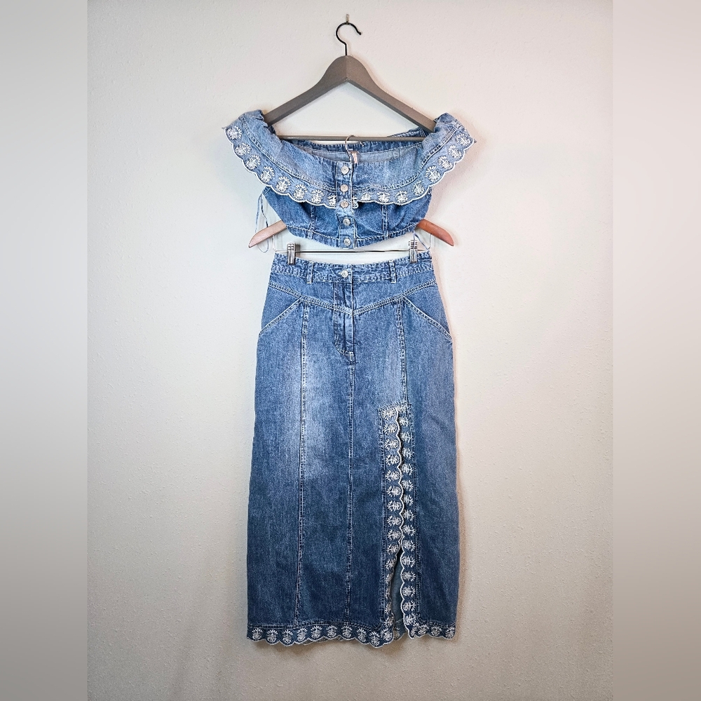 Free People Kora Crop Top Maxi Skirt Denim Embroidered Set Sz 2 NWT - Picture 6 of 15